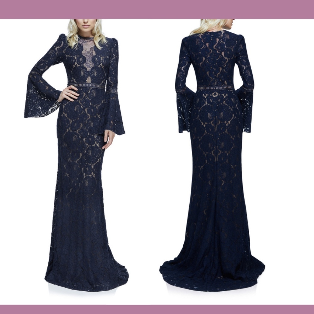 NEW $588 Tadashi Shoji Olivier Bell Sleeve‎ Lace Gown in Navy/Nude [SZ 0 ]